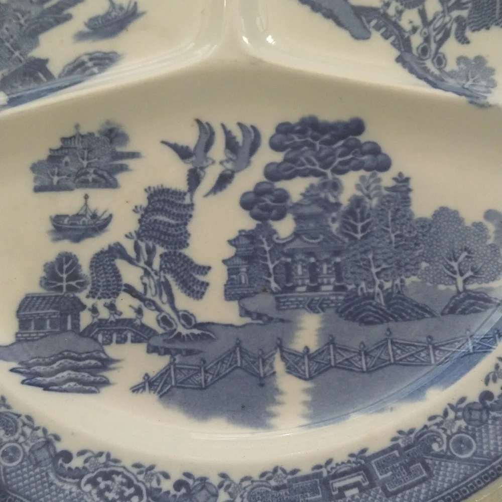 Vintage Blue Willow divided plate made in England John Steventon blue and white